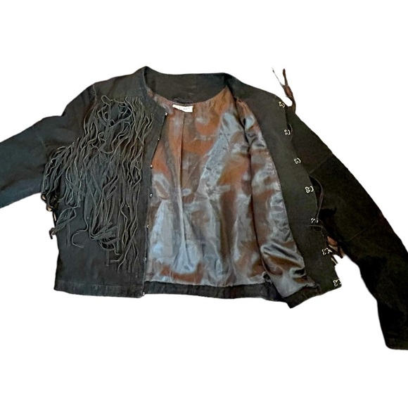 Black Suede Fringed Leather Moto Biker Jacket Womens Small - Picture 2 of 5